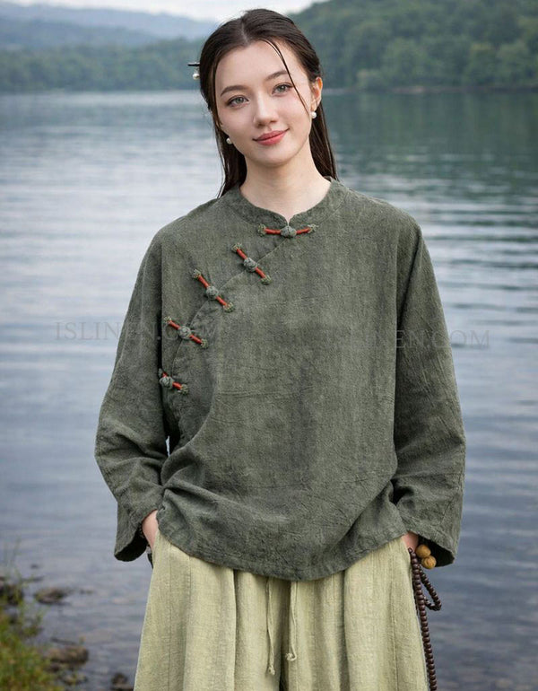 Women’s green linen top with Mandarin collar and buttons