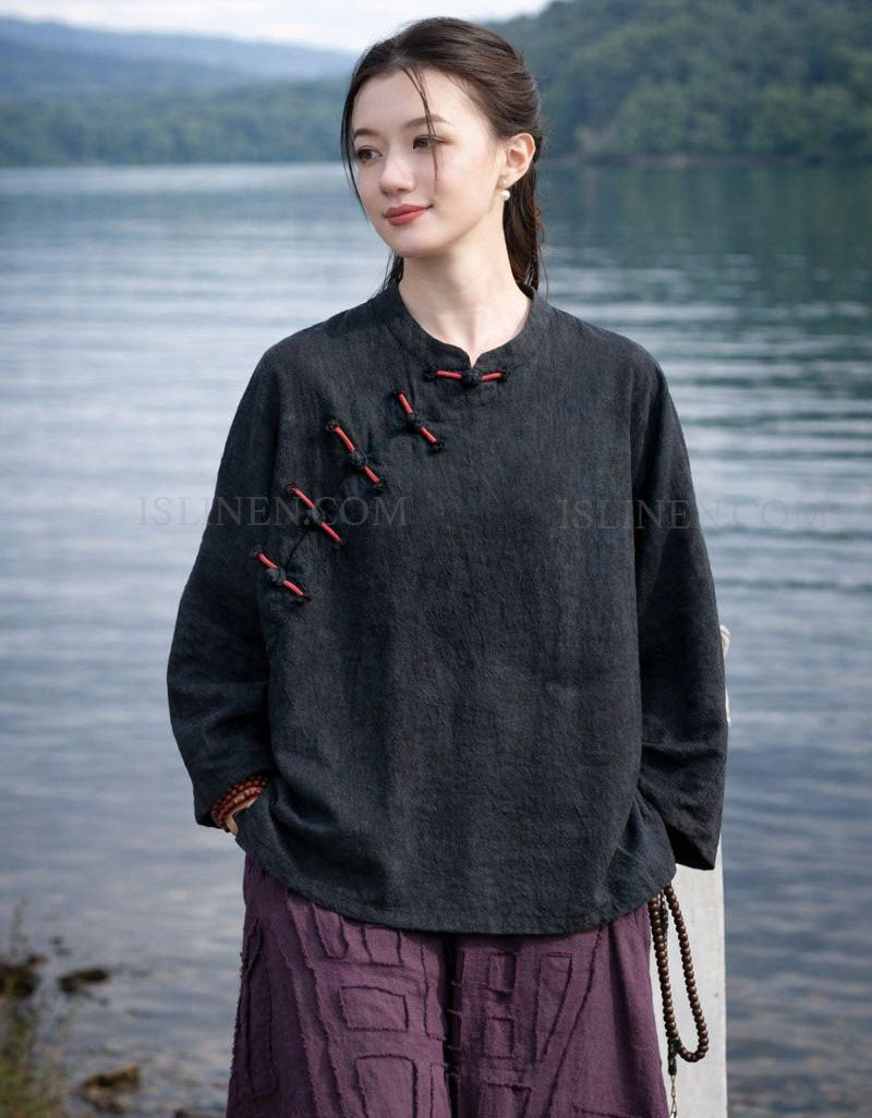 Vintage black linen blouse women casual outfit style