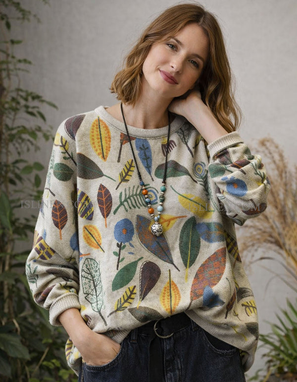 Boho botanical pattern long sleeve casual sweatshirt