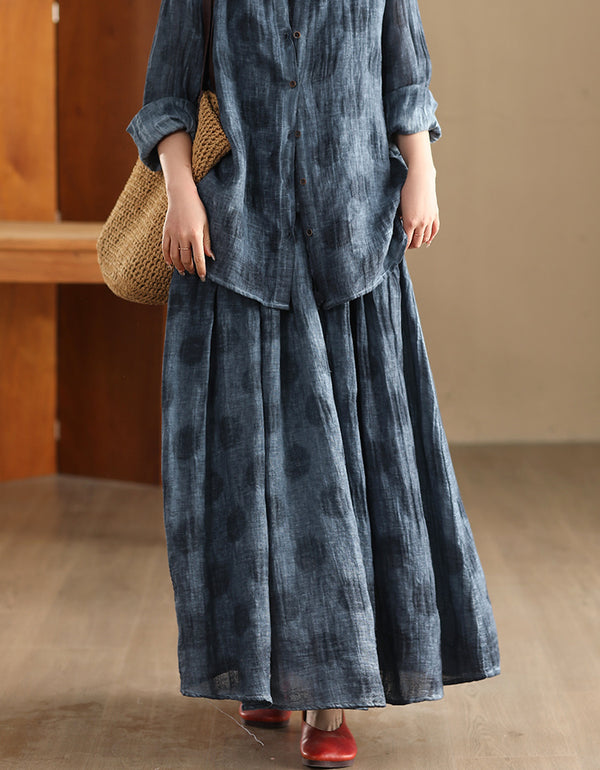 Vintage Casual Loose Fit Navy Blue Linen Maxi Skirt