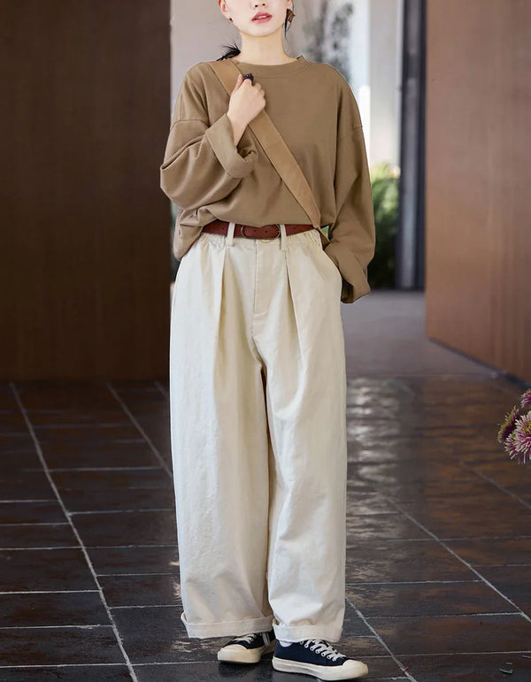 Vintage Casual Loose Wide Leg Cotton Trousers - Islinen