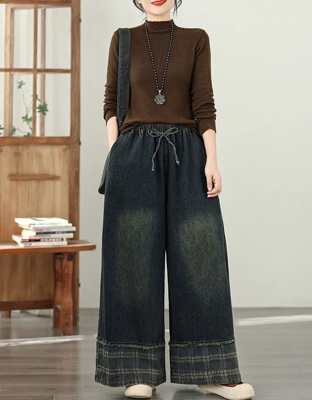 Vintage Casual Loose Wide Leg Denim Trousers - Islinen