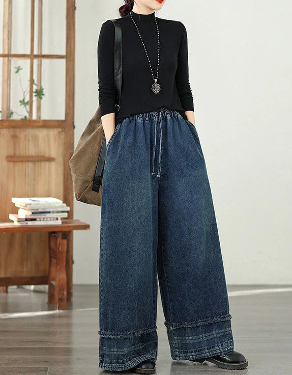 Vintage Casual Loose Wide Leg Denim Trousers - Islinen