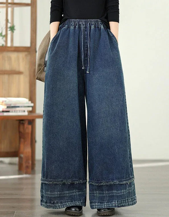 Vintage Casual Loose Wide Leg Denim Trousers - Islinen