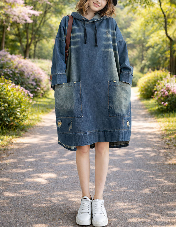 Casual oversized denim hoodie dress for women front view