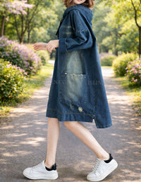 Loose fit denim hoodie dress women side profile