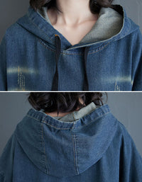Denim hoodie dress with large front pockets and washed fabric