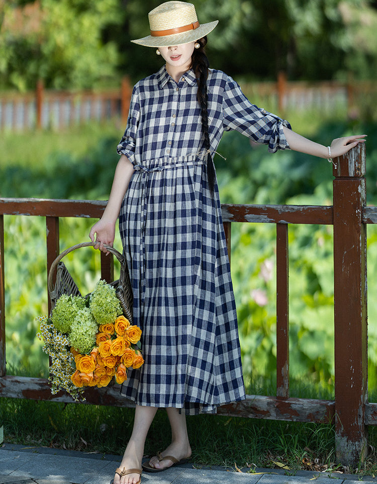 Vintage Casual Plaid Long Sleeve Collared Linen Midi Dress