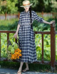 Vintage Casual Plaid Long Sleeve Collared Linen Midi Dress