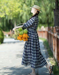 Vintage Casual Plaid Long Sleeve Collared Linen Midi Dress