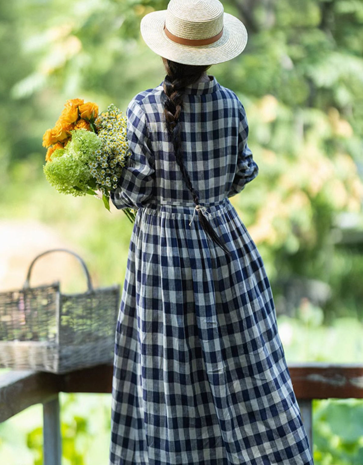 Vintage Casual Plaid Long Sleeve Collared Linen Midi Dress