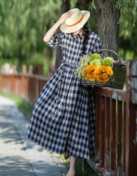Vintage Casual Plaid Long Sleeve Collared Linen Midi Dress