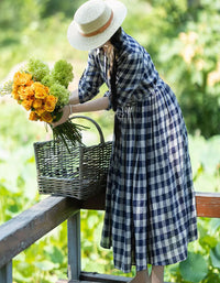 Vintage Casual Plaid Long Sleeve Collared Linen Midi Dress