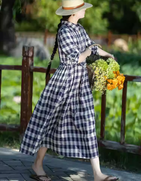 Vintage Casual Plaid Long Sleeve Collared Linen Midi Dress