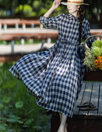 Vintage Casual Plaid Long Sleeve Collared Linen Midi Dress