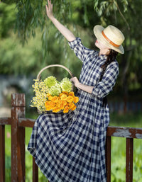 Vintage Casual Plaid Long Sleeve Collared Linen Midi Dress