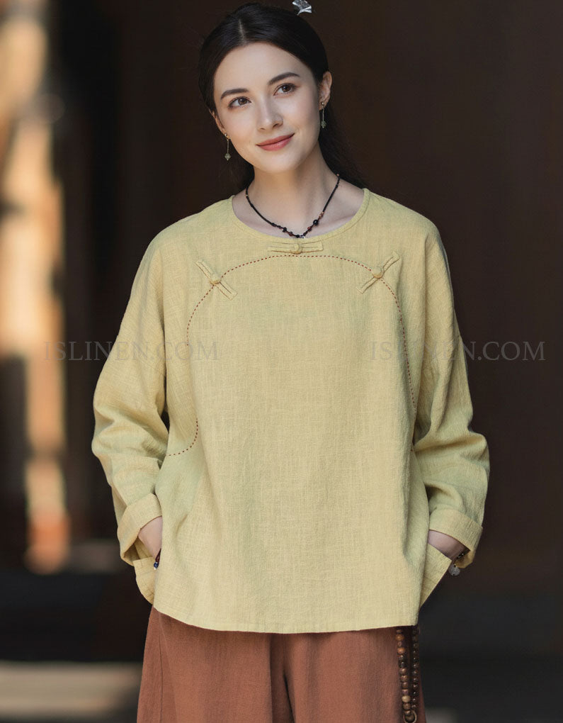 Women wearing vintage yellow linen long sleeve blouse front view