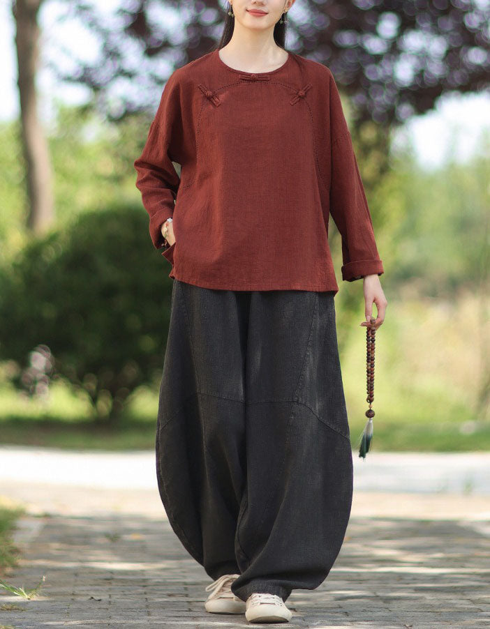 Loose fit brick red linen cotton blouse with stitch detail