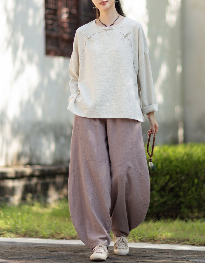 Loose fit linen cotton blouse with stitch detail