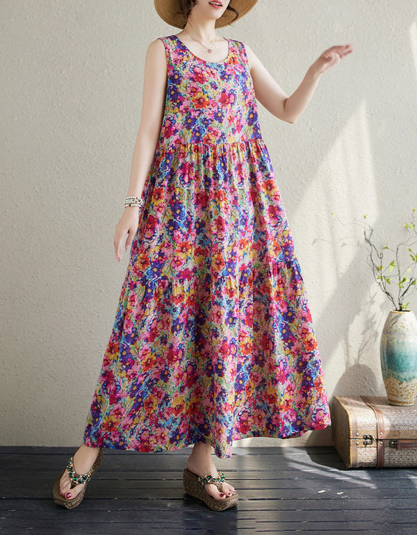 Vintage Colorful Floral Print Cotton Linen Summer Dress