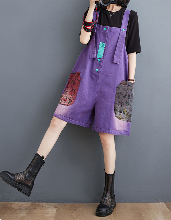 Vintage Colorful Patch Denim Overall Shorts