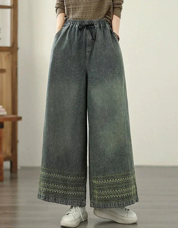 Vintage Comfortable Elastic Waist Wide Leg Jeans - Islinen