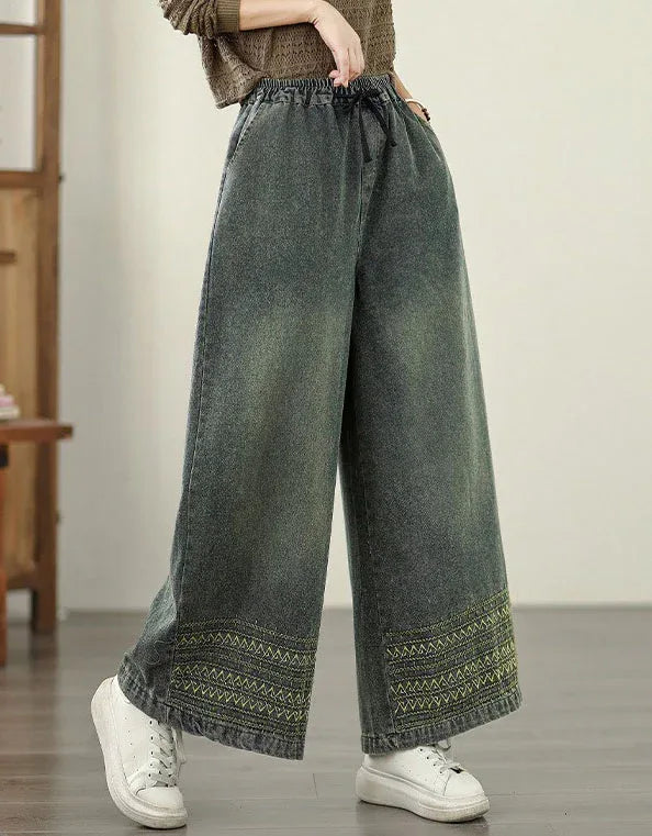 Vintage Comfortable Elastic Waist Wide Leg Jeans - Islinen