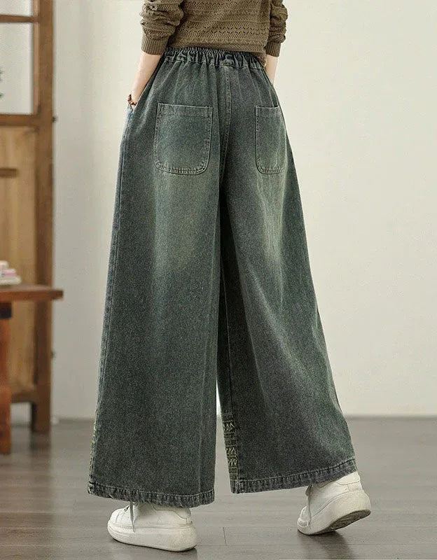 Vintage Comfortable Elastic Waist Wide Leg Jeans - Islinen