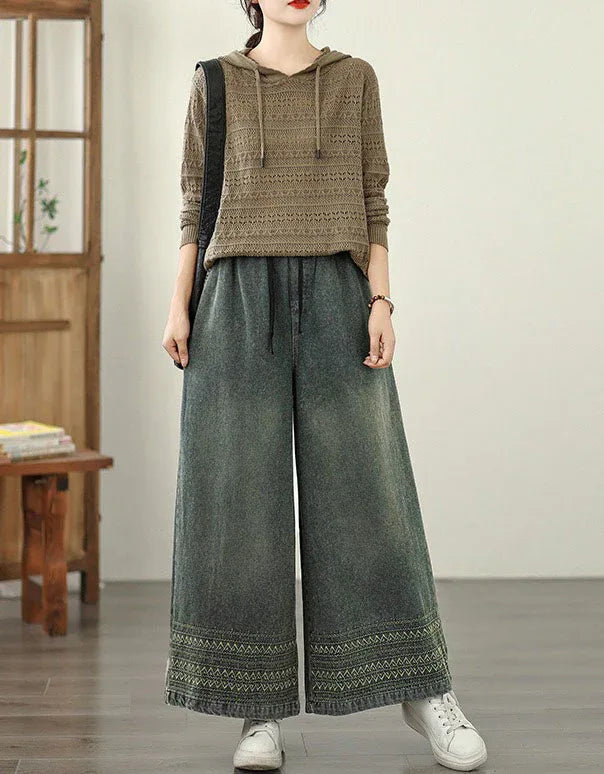 Vintage Comfortable Elastic Waist Wide Leg Jeans - Islinen