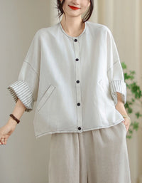 Vintage Comfortable Folded Cuffs Linen Button Jacket - Islinen
