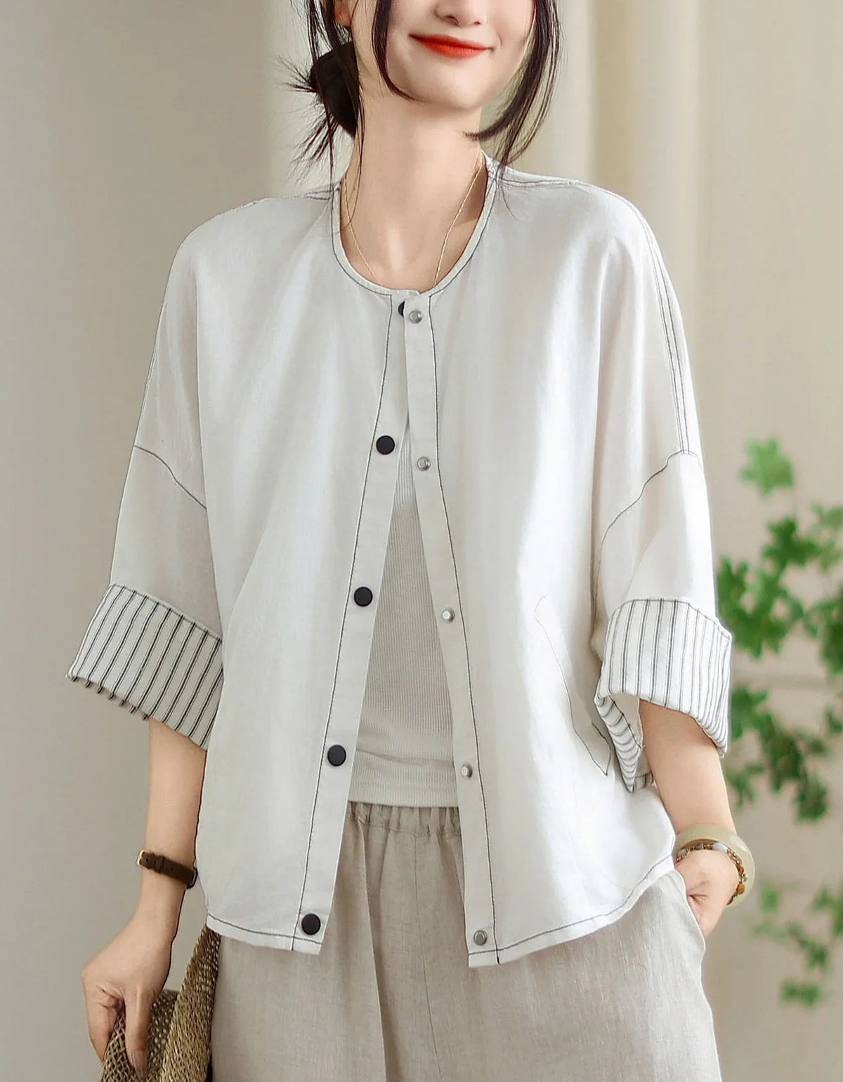 Vintage Comfortable Folded Cuffs Linen Button Jacket - Islinen