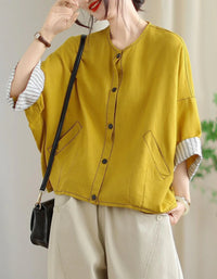 Vintage Comfortable Folded Cuffs Linen Button Jacket - Islinen