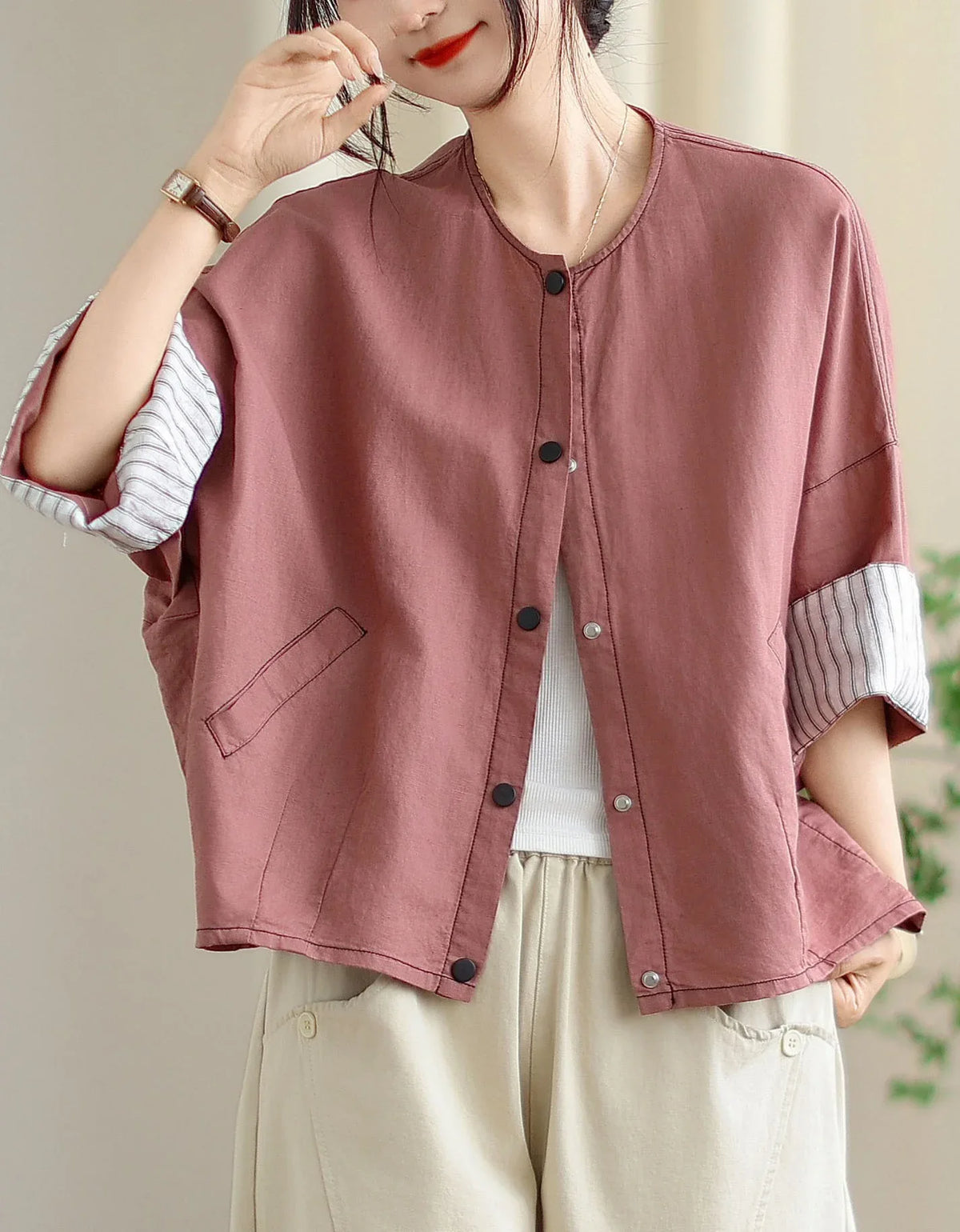 Vintage Comfortable Folded Cuffs Linen Button Jacket - Islinen