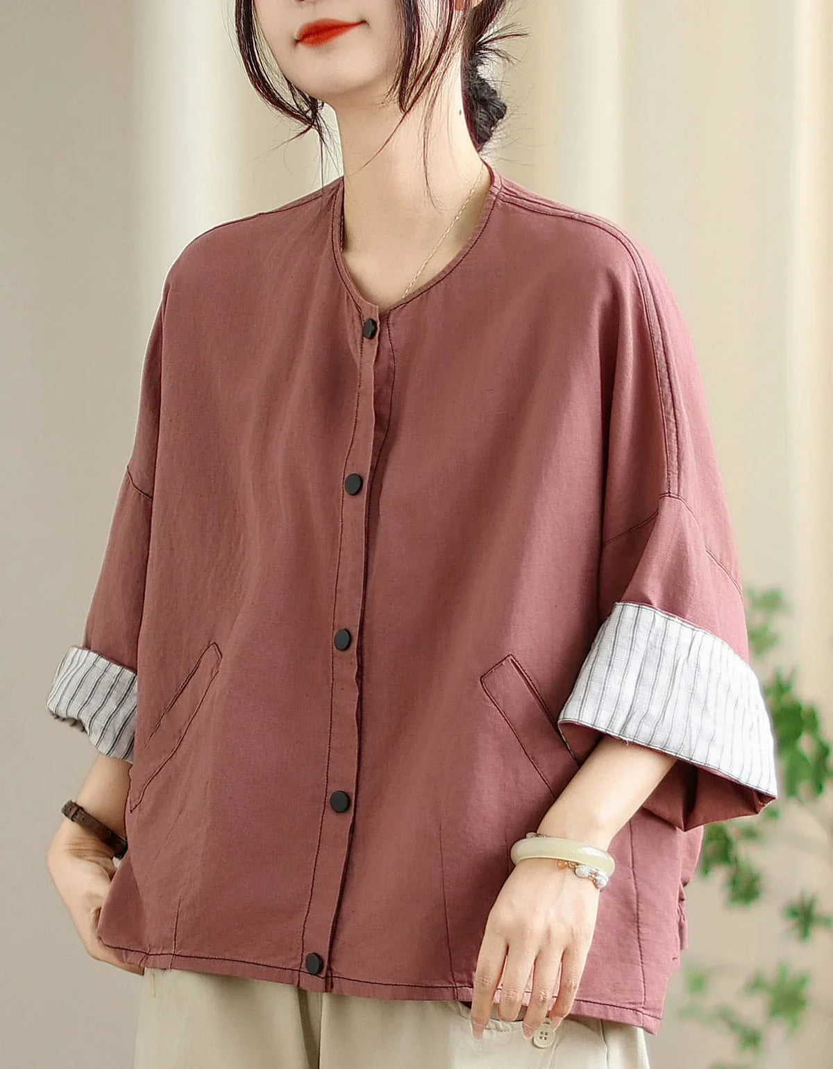 Vintage Comfortable Folded Cuffs Linen Button Jacket - Islinen