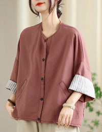 Vintage Comfortable Folded Cuffs Linen Button Jacket - Islinen