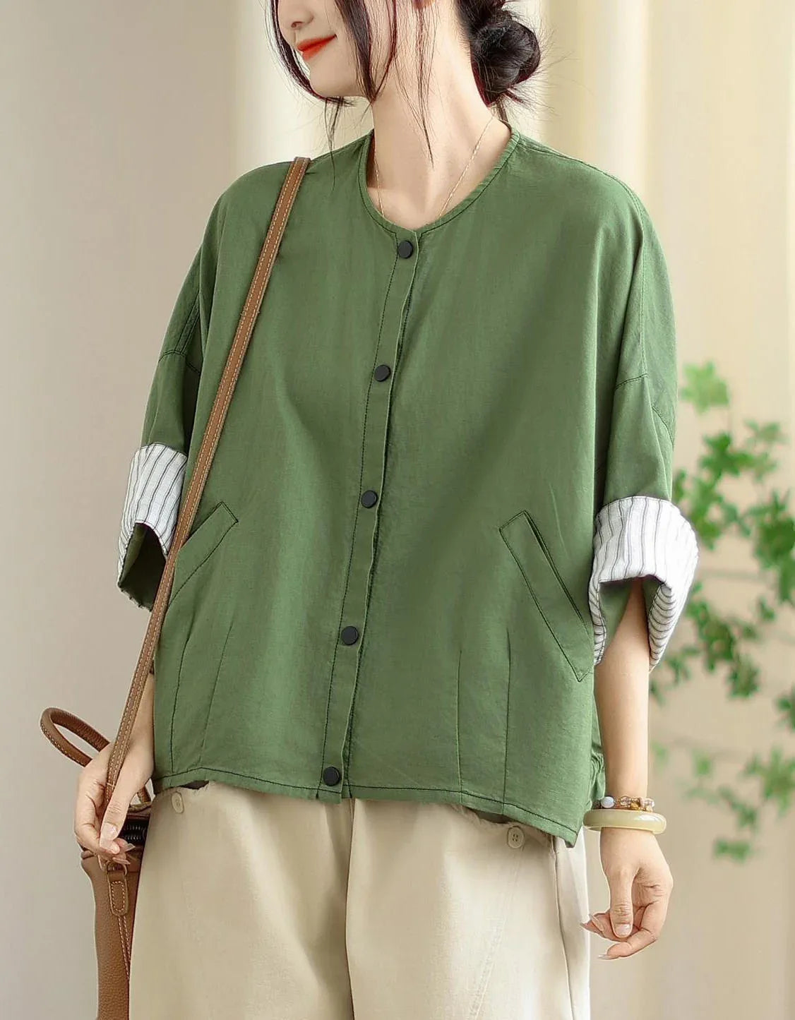 Vintage Comfortable Folded Cuffs Linen Button Jacket - Islinen