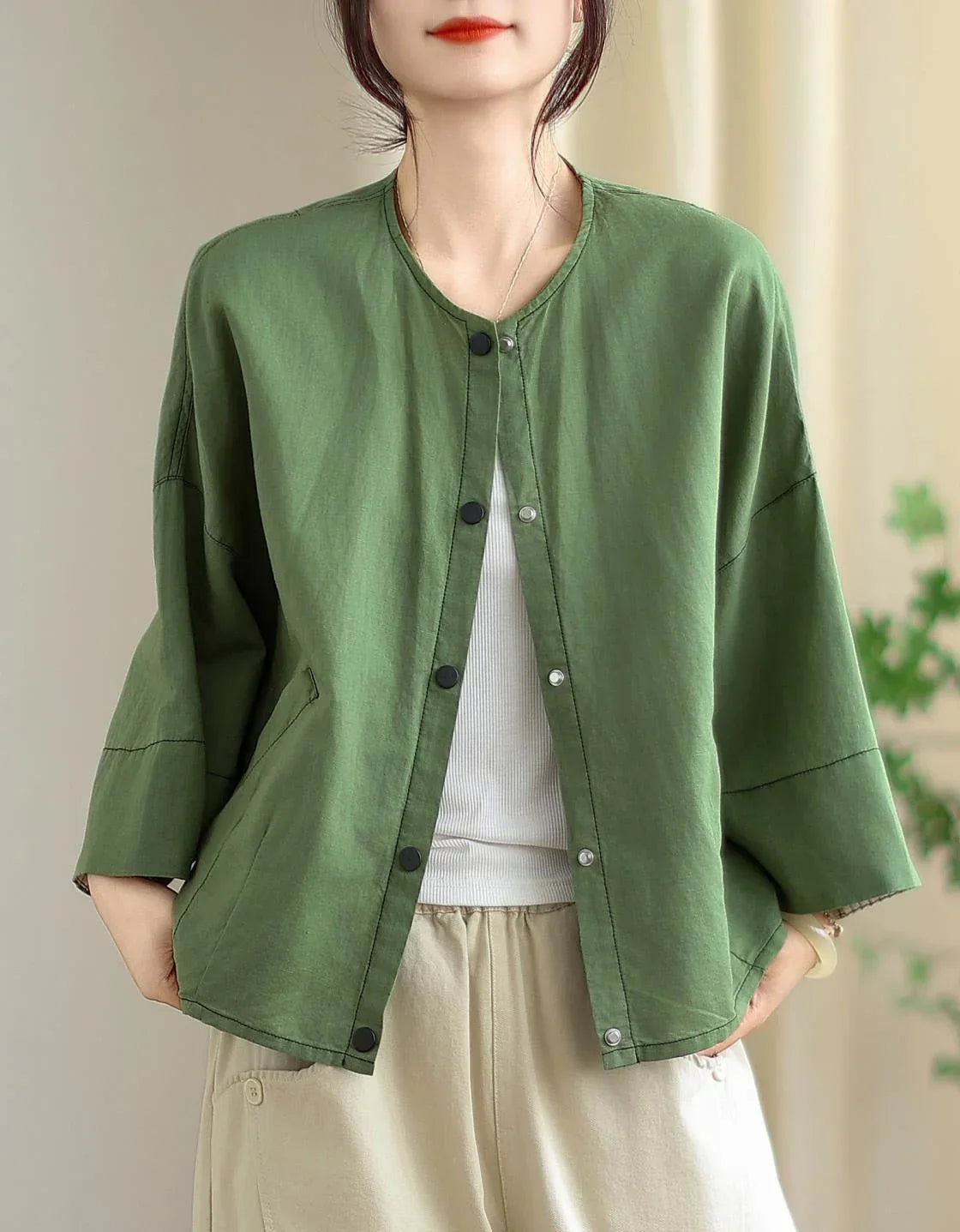 Vintage Comfortable Folded Cuffs Linen Button Jacket - Islinen