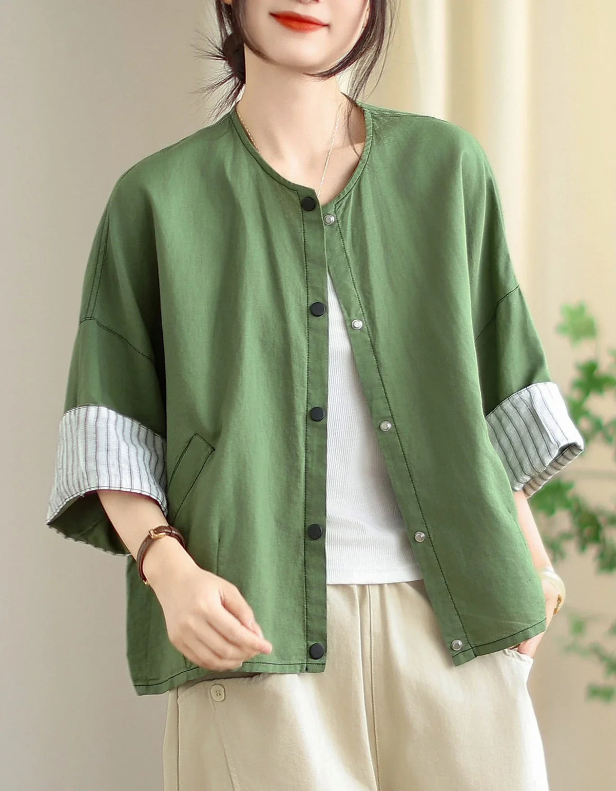 Vintage Comfortable Folded Cuffs Linen Button Jacket - Islinen