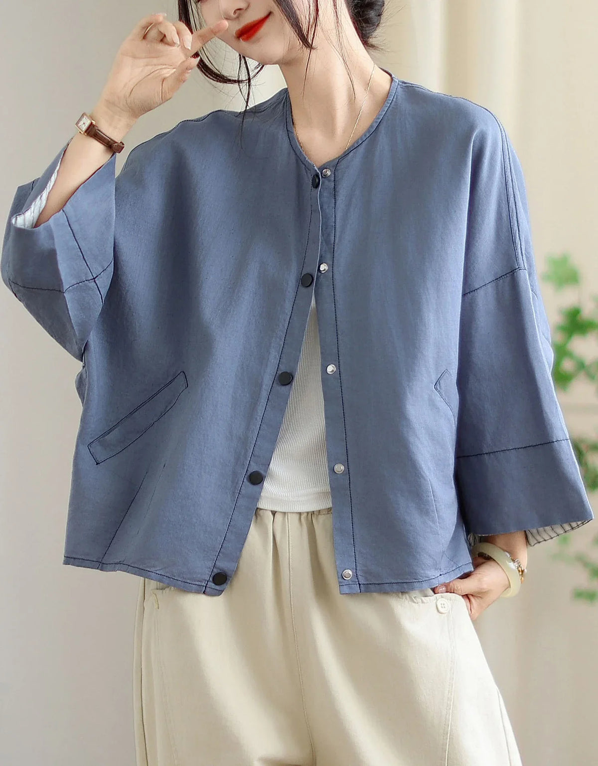 Vintage Comfortable Folded Cuffs Linen Button Jacket - Islinen