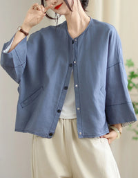 Vintage Comfortable Folded Cuffs Linen Button Jacket - Islinen