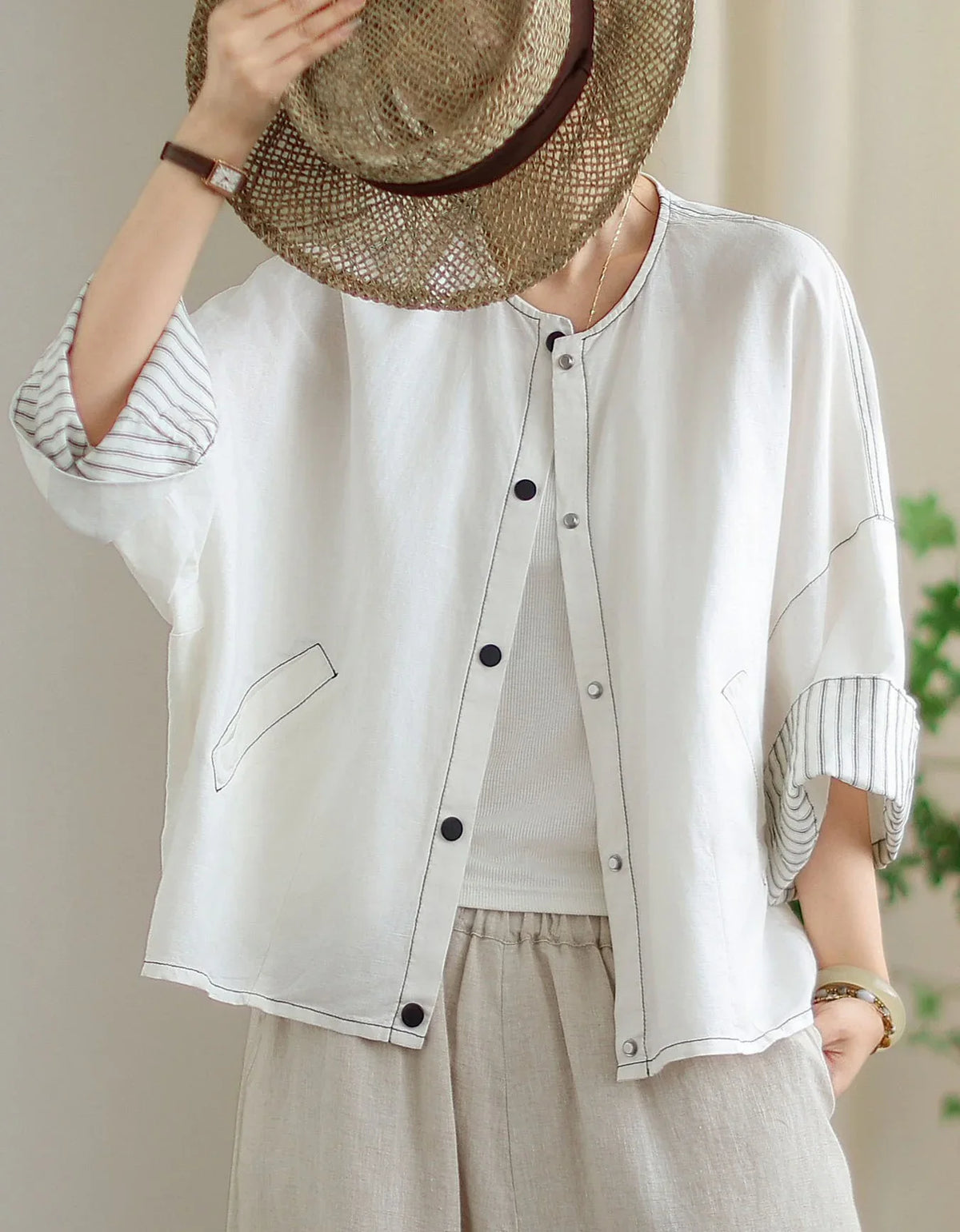 Vintage Comfortable Folded Cuffs Linen Button Jacket - Islinen