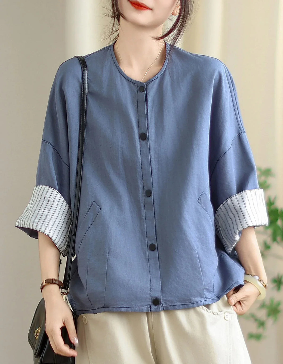 Vintage Comfortable Folded Cuffs Linen Button Jacket - Islinen