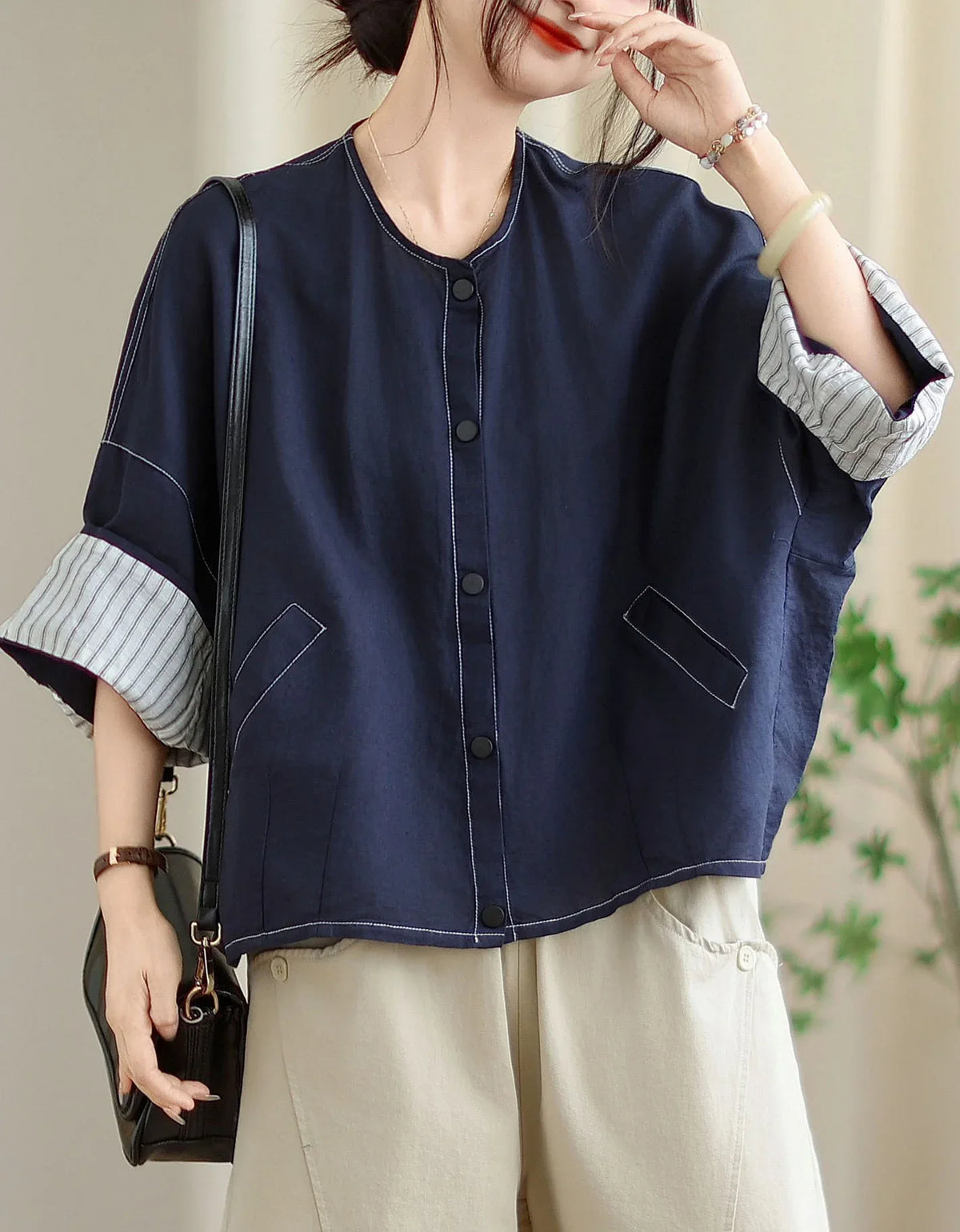 Vintage Comfortable Folded Cuffs Linen Button Jacket - Islinen