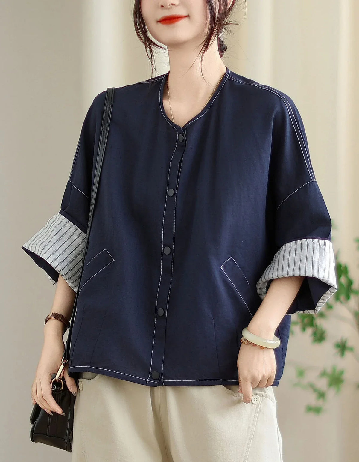 Vintage Comfortable Folded Cuffs Linen Button Jacket - Islinen