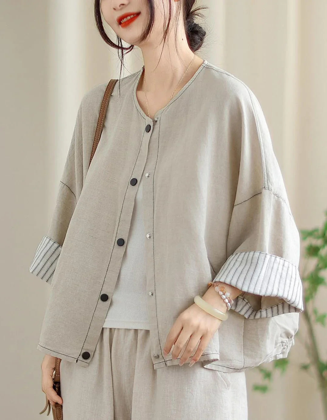 Vintage Comfortable Folded Cuffs Linen Button Jacket - Islinen