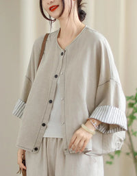 Vintage Comfortable Folded Cuffs Linen Button Jacket - Islinen