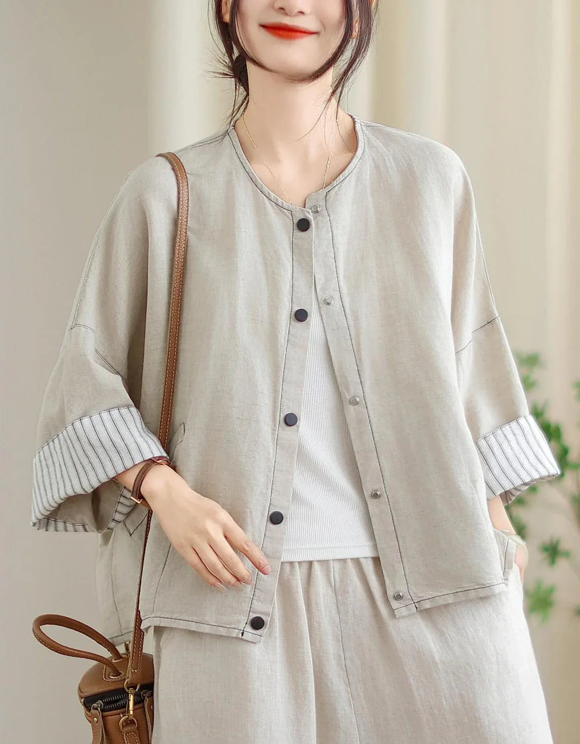 Vintage Comfortable Folded Cuffs Linen Button Jacket - Islinen