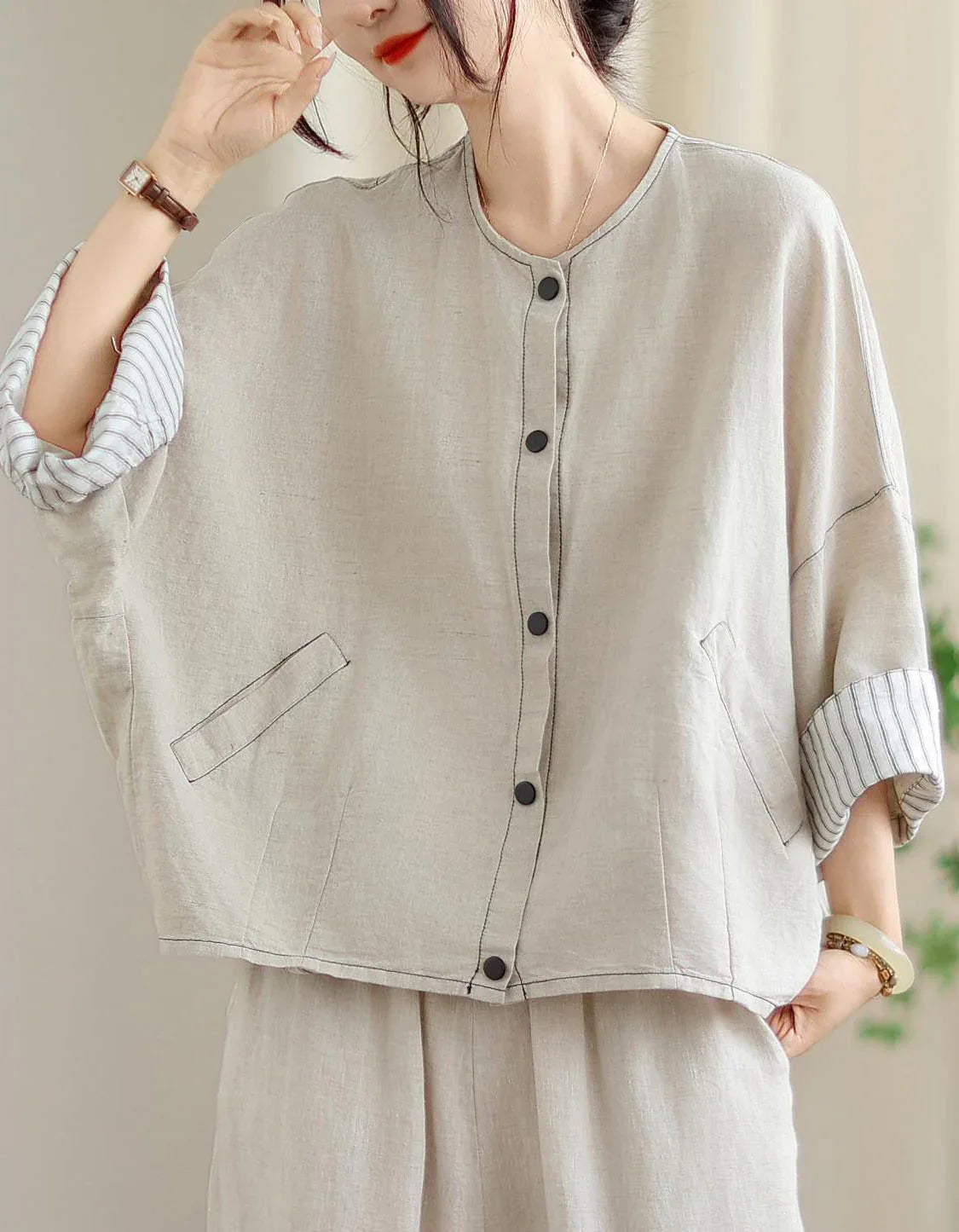 Vintage Comfortable Folded Cuffs Linen Button Jacket - Islinen