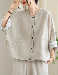 Vintage Comfortable Folded Cuffs Linen Button Jacket - Islinen