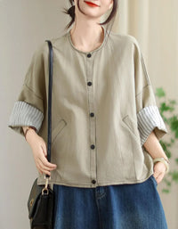 Vintage Comfortable Folded Cuffs Linen Button Jacket - Islinen